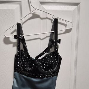 Latex Silver Teal Heart Bow Bra Top Mini Dress
